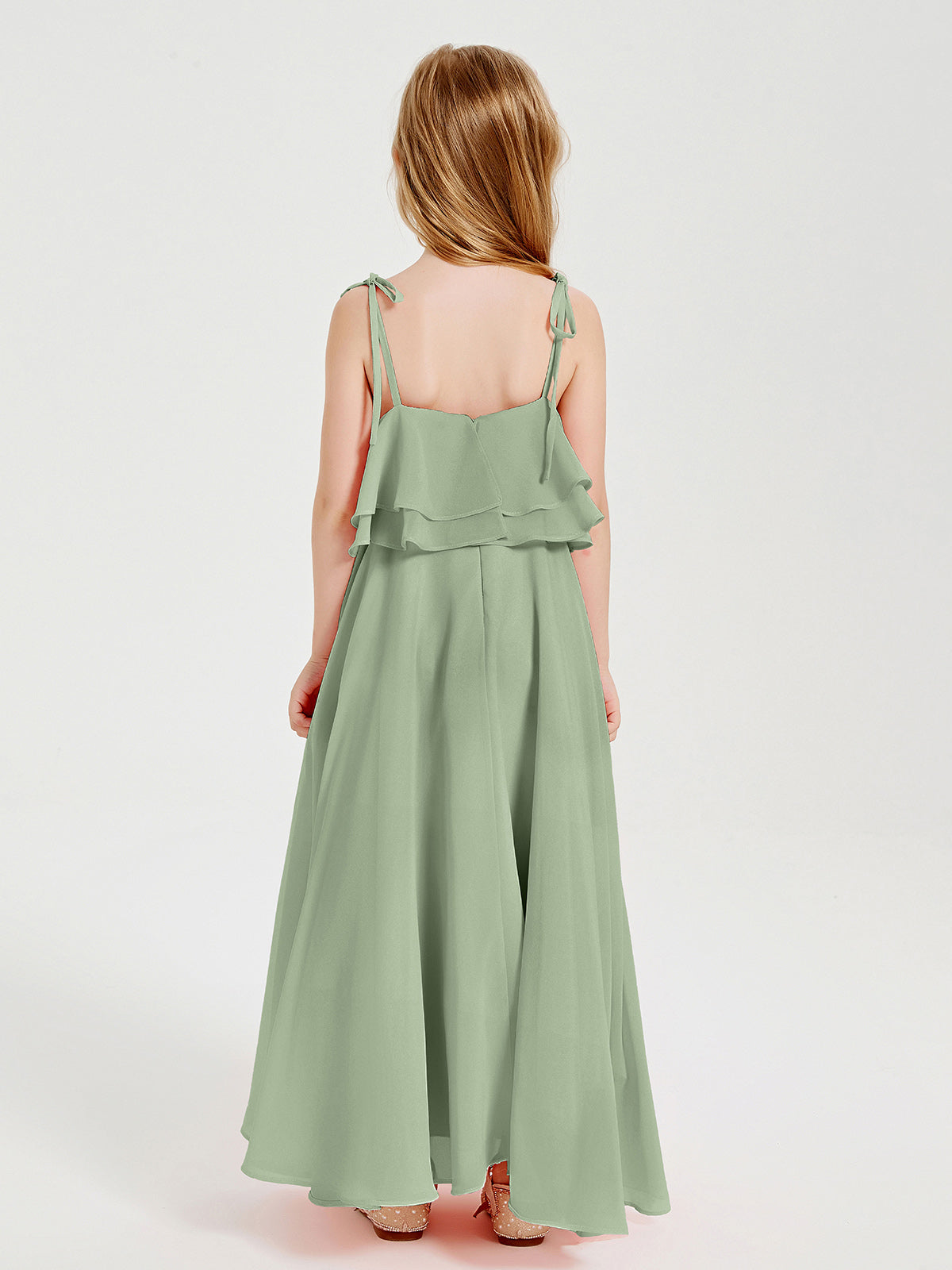 Chiffon Junior Bridesmaid Dresses Long Cascading Skirt Dusty Sage